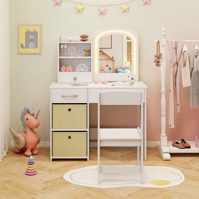 HONEY JOY Kids Vanity, Little Girls Vanity Set with Mirror and Stool and Lights, Wooden Princess Makeup Dressing Table, Storage Box & Shelf, Pretend Play Kids Vanity Table and Chair Set(White)
