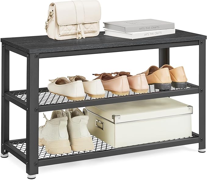 VASAGLE, 3-Tier Shoe Rack, Shelf Storage Bench with Metal Mesh Shelves and Seat, Free Standing Shoe Organizer for Entryway, 11.8 x 28.7 x 17.7 Inches, Ebony Black and Black ULBS073B06