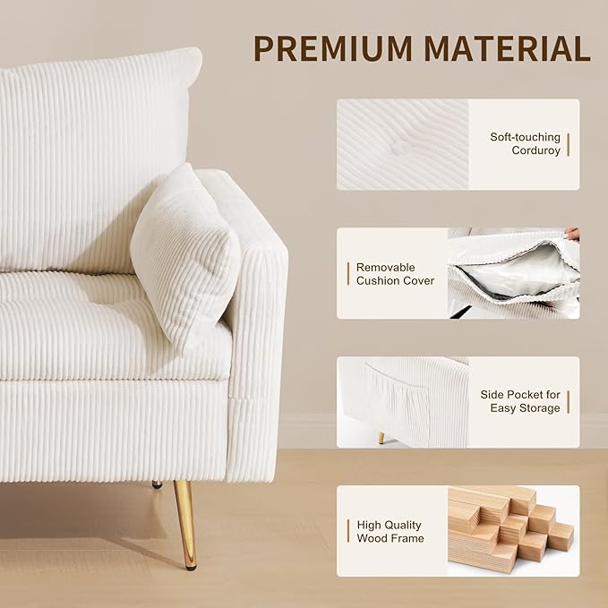 Furnimart 3-Piece Storage Sectional Sofa and Couch Set, Corduroy Loveseat with 2pc Accent Single Chairs, Small Living Room Furniture Set for Apartment, Tiny Homes and Lofts, 3PC-Beige