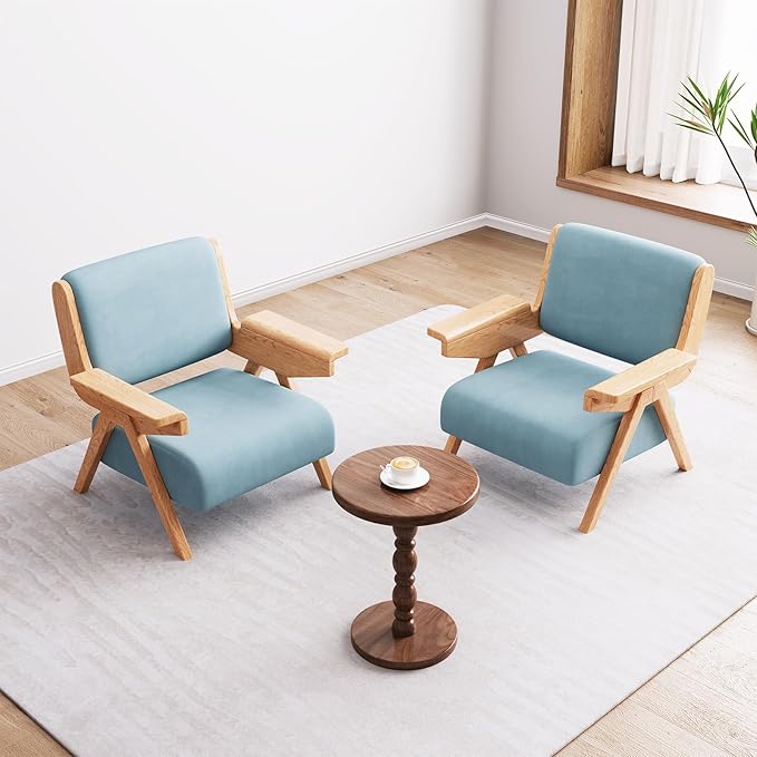 Mid Century Modern Accent Chair Set of 2, Fabric Upholstered Lounge Arm Chairs with Solid Wood Frame for Living Room, Bedroom, Office, Reading Corner (Blue)