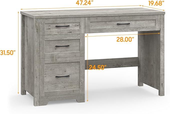 Vabches Farmhouse 47" Executive Desk with File Drawer, Wood Computer Desk with 3 Storage Drawers, Workstation for Home Office, Study, Writing.Grey.
