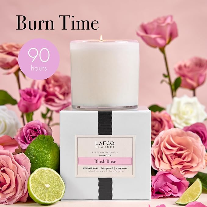 LAFCO New York Signature Candle, Blush Rose - 15.5 oz - 90-Hour Burn Time - Reusable, Hand Blown Glass Vessel - Made in The USA