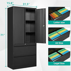 SISESOL Black Metal Storage Cabinet with Drawers and Lock,Locking Steel Storage Cabinet with Doors and Shelves,71" Office File Cabinets for Home Office,Warehouse,Garage,School (Black, 2 Drawers)