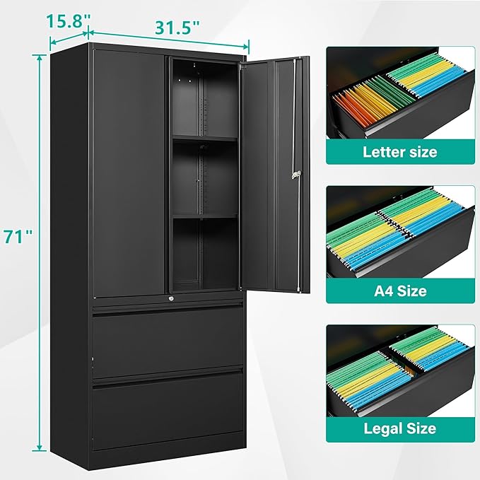 SISESOL Black Metal Storage Cabinet with Drawers and Lock,Locking Steel Storage Cabinet with Doors and Shelves,71" Office File Cabinets for Home Office,Warehouse,Garage,School (Black, 2 Drawers)