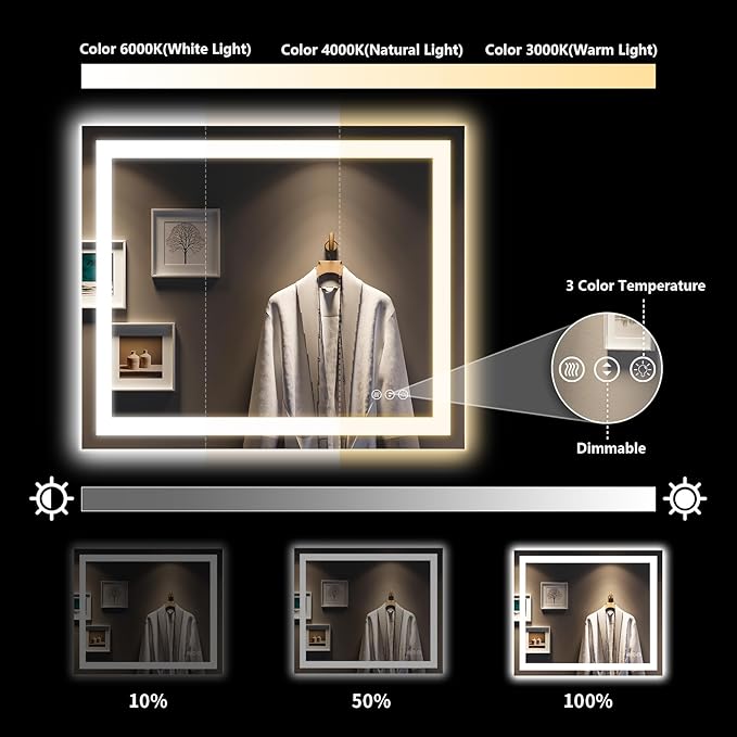 36x30 Inch LED Bathroom Mirror with Lights Front and Backlit Lighted Vanity Mirror for Bathroom Wall with 3 Colors Dimmable Anti-Fog Memory Shatter-Proof IP54 Waterproof Horizontal/Vertical