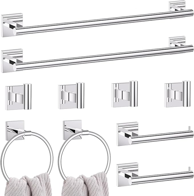 10 Pieces Polished Chrome Towel Bar Set, 23.6 Inch Bathroom Accessories Set SUS304 Stainless Steel Bathroom Hardware Set Towel Racks for Bathroom Wall Mounted.