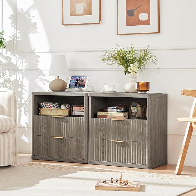 LEYAOYAO Fluted Farmhouse Nightstand Set of 2 with Charging Station, 23" Wide 2 Drawers End Table,Grey Dresser for Bedroom,Bed Side Table Chest of Drawers Cabinet,Wood Night Stand for Living Room