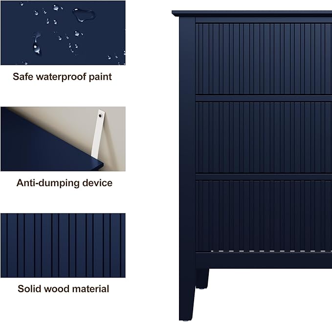 RoyalCraft 32" Large Nightstand, Fluted Painted Wood Dresser with 3 Spacious Drawers, Blue Modern Bedside Table for Bedroom