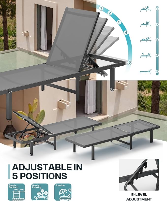 Pool Lounge Chairs Set of 2，Outdoor Lounge Chairs with Wheels and 5-Position Recliner -Easy to Move- Aluminum Patio Lounge Chair for Poolside, Deck (Darkgray)