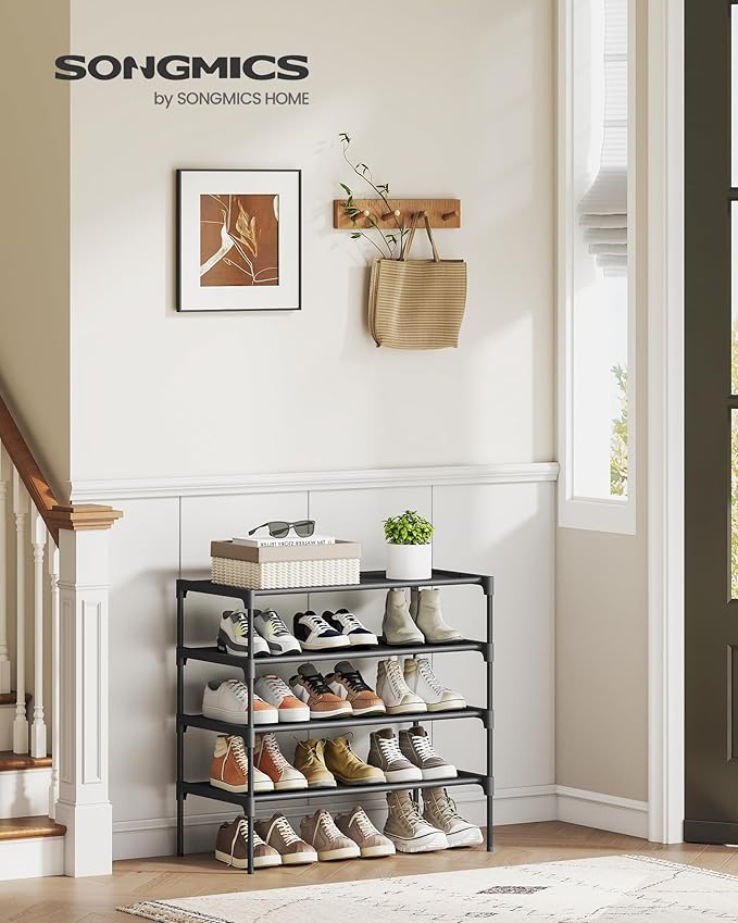 SONGMICS Shoe Rack, 4-Tier Shoe Storage Organizer, Space-Saving, 11.6 x 24.5 x 27.7 Inches, Entryway, Metal Frame, Non-Woven Fabric Shelves, Ink Black ULSH024BH01S
