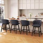 COSTWAY Counter Height Bar Stools Set of 4, Fabric Upholstered Island Stools with 360° Swivel Seat & Button-Tufted Back, Modern Pub Stools with Solid Rubber Wood Frame (Grey,4)