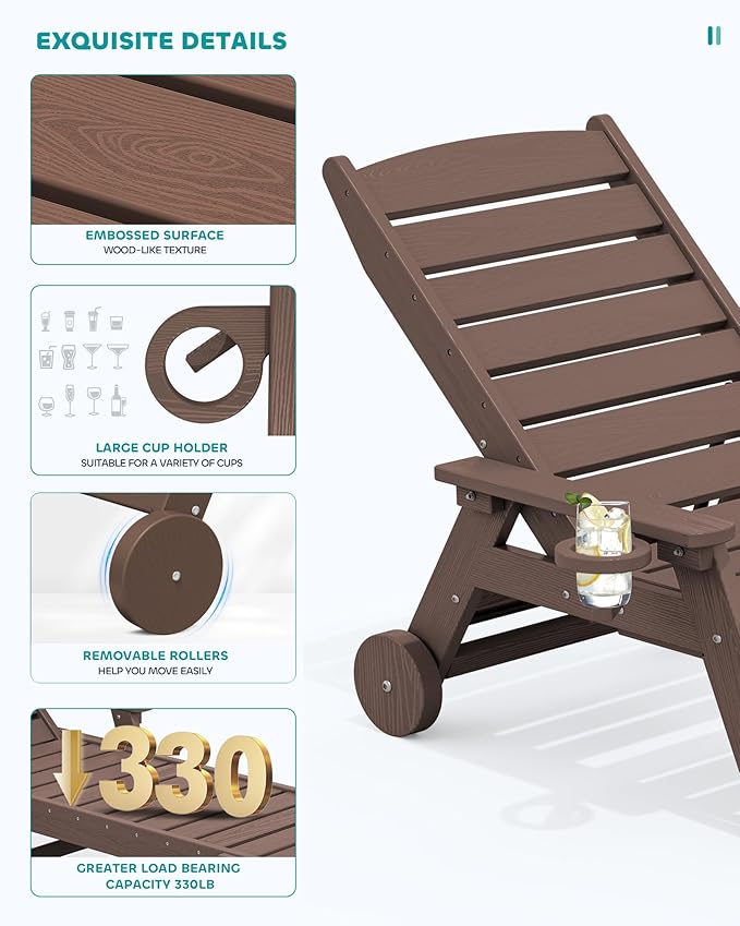 SERWALL Patio Chaise Lounge Chair Set of 2, 78'' Long 5-Positions Adjustable HDPE Outdoor Lounger for Pool, Poly Lounge Chair with Rolling Wheels & Cup Holder for Poolside, Deck, Coffee Brown