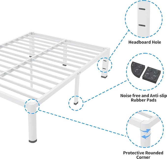 ROIL 14 Inch White Twin Size Bed Frame with Rounded Corner and Headboard Hole Mattress Retainers 3500LBS Heavy Duty Steel Slats No Box Spring Needed Platform Noise-Free Easy Assembly