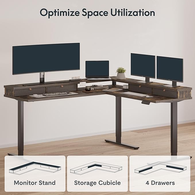 SANODESK 63" L Shaped Standing Desk with 4 Drawers, Height Adjustable Stand up Desk, Corner Gaming Desk with Monitor Stand, Black Frame/Rustic Brown Top