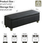 51" Faux Leather Storage Ottoman, Stitch Tufted Rectangle Upholstered End of Bed Storage Bench, Entryway Large Couch Ottoman with Wooden Legs, Dark Black