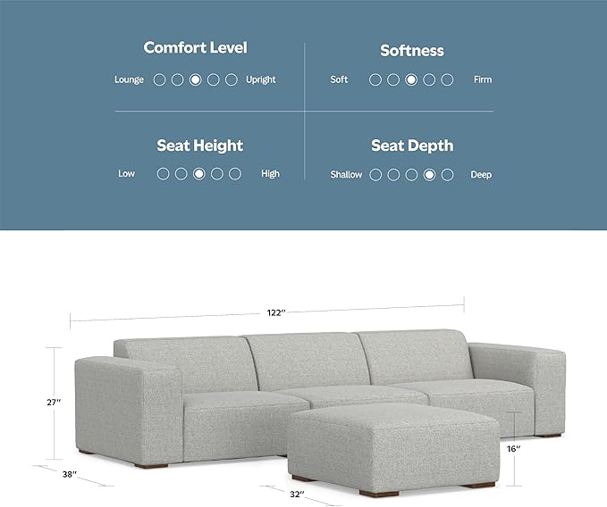 SIMPLIHOME Rex Modular Sofa and Ottoman Set in 100% Recycled Polyester Tightly Woven Performance Fabric, Pale Grey, 122-inch-wide 3-Seater Couch and Matching 34-inch-wide Ottoman for Living Room