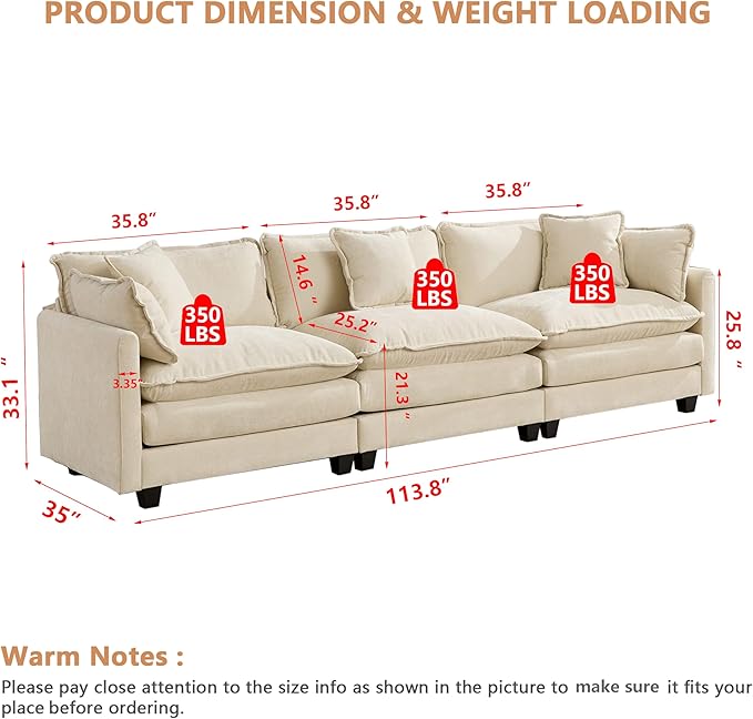Aoowow Modular Sectional 3 Seater Cloud Sofa Couch for Living Room,113.8" Cloud Sofas with Deep Seat,Modern Chenille 3 Seat Sofas,Fluffy Cloud Couches for Bedroom,Apartment,Office (Beige, 3 Seater)