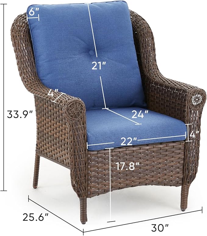 Patio Wicker Chairs Outdoor Furniture Chair - Set of 2 Outside All Weather Lawn Dining Brown Rattan Armchair with High Back&Deep Seating for Deck Porch Balcony Backyard Garden - Navy Blue