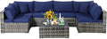 Tangkula 7 Pieces Patio Rattan Furniture Set, Patiojoy Outdoor Conversation Set with Cushions and Tempered Glass Coffee Table, All-Weather Sectional Sofa Set for Garden, Lawn, Backyard (Navy Blue)