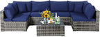 Tangkula 7 Pieces Patio Rattan Furniture Set, Patiojoy Outdoor Conversation Set with Cushions and Tempered Glass Coffee Table, All-Weather Sectional Sofa Set for Garden, Lawn, Backyard (Navy Blue)