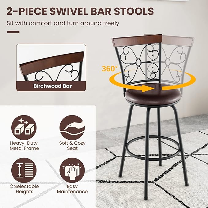 COSTWAY Bar Stools for Kitchen Island, 24/30 Inch Adjustable Seat Height Swivel Barstools Set of 2, Cushioned Seat & Cozy Backrest, Extra Leg Tubes for Height Adjustment, for Kitchen, Bar (2)