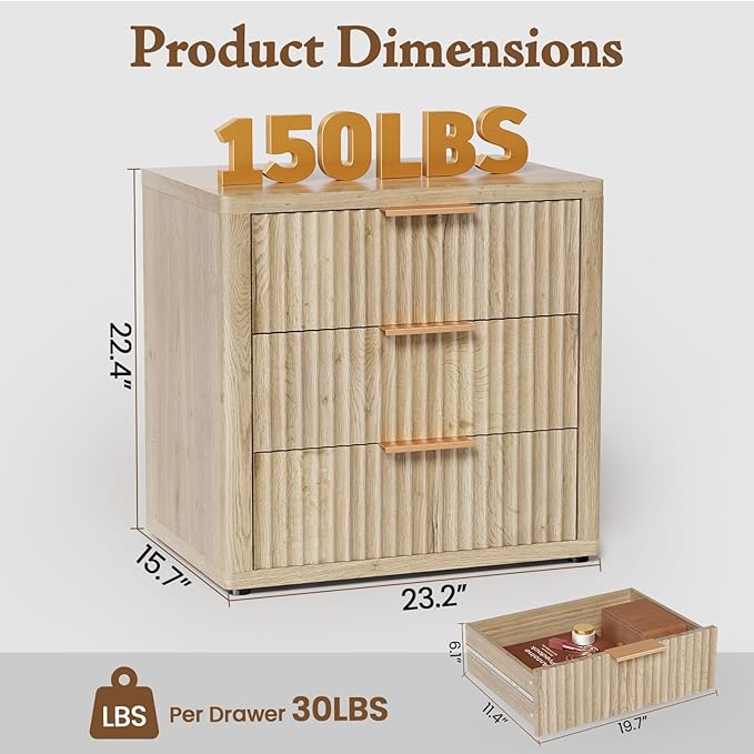 Night Stand with 3 Drawers, 23" Wide Modern Nightstand with Large Storage, Fluted Bed Side Table with Metal Handle, End Table Tall Nightstand for Bedroom, Living Room, Office, Nature