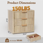 Night Stand with 3 Drawers, 23" Wide Modern Bedside Table with Large Storage, Fluted Bed Side End Table with Metal Handle, Tall Nightstand for Bedroom, Living Room, Office, Nature, Set of 2