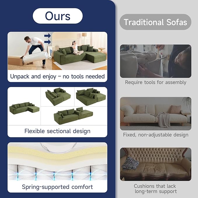 2025 New 108" Cloud Couch Sectional, Modular Sectional Sofa with L-Shaped Chaise, Deep Seat Sectional Modular Couch for Living Room, No Assembly Required (Green, Right Facing Chaise)