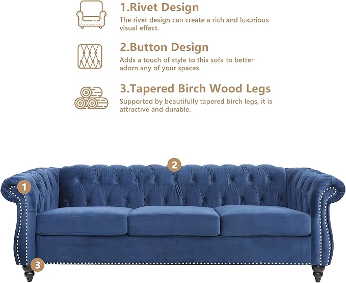 Living Room Velvet Sofa and Loveseat set, Mid Century Modern Upholstered Couch with Cushions, 2-Piece Home Sofa Furniture Sets, Comfy Tufted Chesterfield Couches for Living Room, Bedroom, Office