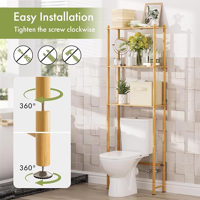 AmazerBath Over The Toilet Storage Bamboo, 3-Tier Over Toilet Organizer Rack with 2 Fabric Storage Bins, Freestanding Toilet Shelf for Bathroom Laundry Space Saver, Natural Color