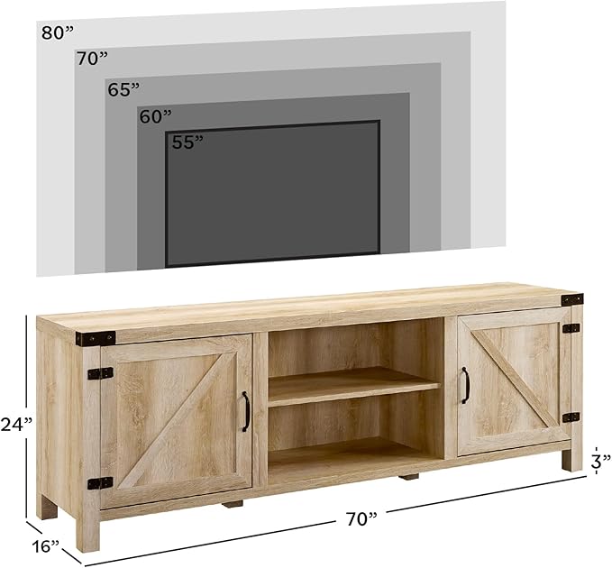Walker Edison Georgetown Modern Farmhouse Double Barn Door TV Stand for TVs up to 80 Inches, 70 Inch, White Oak, Without Fireplace