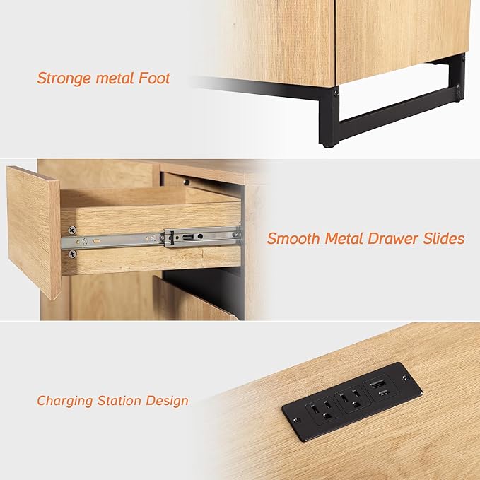 WAMPAT 59" Modern Executive Desk with Drawers, Wood Computer Writing Desk with Charging Station, Office Desk with File Drawer, Study Table for Bedroom, Living Room, Home Office, Oak