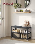 VASAGLE, 3-Tier Shoe Rack, Shelf Storage Bench with Metal Mesh Shelves and Seat, Free Standing Shoe Organizer for Entryway, 11.8 x 28.7 x 17.7 Inches, Ebony Black and Black ULBS073B06