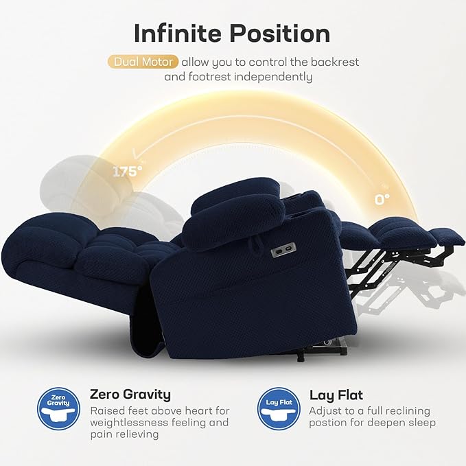 Tami Tami Dual Motor Power Lift Chair Recliner for Elderly with Massage and Heat, Infinite Position Electric Lift Recliner with Adjustable Headrest, USB (T6015 - Plush Fabric, Navy Blue, Oversized)