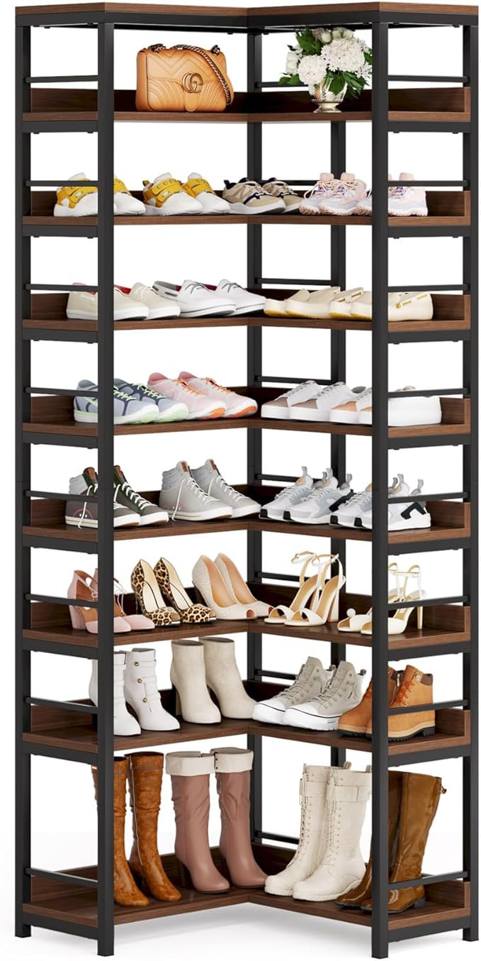 Tribesigns 9 Tiers Corner Shoe Rack, Tall Vertical Shoe Rack Organizer, Free Standing Large Shoe Storage Shelf for Entryway Hallway Closet, Space Saving, Rustic Brown