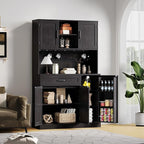 ONBRILL 71" Pantry Cabinet, Kitchen Pantry Storage Cabinet with LED Light & Outlet, Kitchen Hutch with Microwave Shelf & 6 Hooks, Door Shelf & Drawer & Adjustable Shelf, for Dining Room, Black