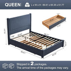 VELOCAVA Queen Size Upholstered Bed Frame with 51.77" Tall Headboard and Soft Rounded Corners, Side Storage Drawers, 12-Slat Support, No Box Spring Needed, Linen-Blend Fabric, Dusty Blue