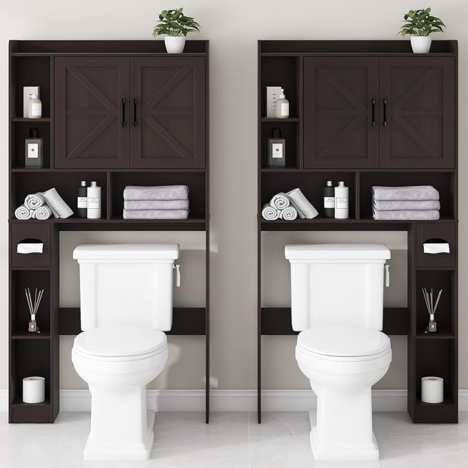 Vabches Over The Toilet Storage Cabinet, Farmhouse Storage Cabinet Over Toilet with 2 Barn Door & Toilet Paper Holder Stand，Home Space-Saving Toilet Rack, for Bathroom, Restroom, Laundry