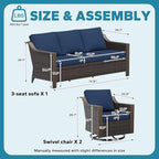 3 Pieces Outdoor Patio Conversation Furniture Set - 75" 3-Seat Sofa | 2 Swivel Glider Rocker Chairs | Wicker End Table, Rattan Couch, Metal armrests, Deck (Navy Blue)