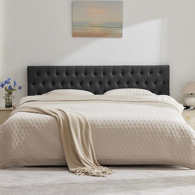Kingfun Tufted Upholstered Full Size Bed Headboard in Modern Button Design, Adjustable Solid Wood Head Board, Premium Linen Fabric Padded Headboards in Bedroom (Dark Grey)