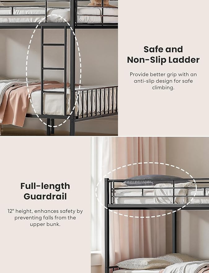 Queen Over Queen Bunk Bed for Adults & Teens, Heavy Duty Metal Bunk Bed with EVA Anti-Slip Ladder & Full-Length Guardrails, Noise-Free Queen Bunk Bed Frame with Under-Bed Storage, Black