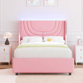 Pink Twin Bed Frame with LED Lights, Faux Leather Upholstered Platform with Silver Wingback Headboard, Modern Style, No Box Spring Needed, Easy Assembly
