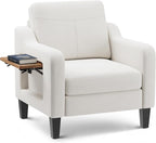 Accent Chair for Living Room Modern Linen Upholstered Armchair Side Wooden Fabric Sofa Chair with Foldable Table 2 Side Pockets Comfy Reading Chair for Bedroom