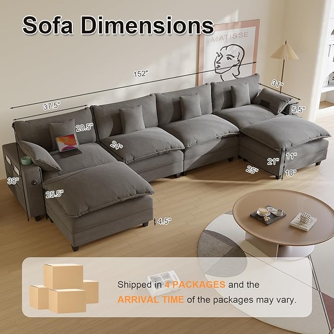 Cloud Couch, Modular Sectional Sofa with Ottoman, Charging Station, Throw Pillows, Cup Holders, Modern Convertible L Shaped Couches for Living Room, Bedroom (Grey, 152"- U Shape)