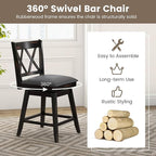 COSTWAY Bar Stool Set of 4 for Kitchen Island, 25" Counter Height Chair with Ergonomic Backrest, Foot Rest, Waterproof PVC Surface & Solid Wood Structure, 360°Swivel Farmhouse Barstool with Back
