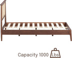 NTC Ruby Wooden Bed Frame with Headboard and Natural Rattan, Solid Oak/Rubber Wood Foundation with Silent Slats, 1000 Lb Capacity, Effortless Assembly (Natural Cane - Dark Walnut, Queen)