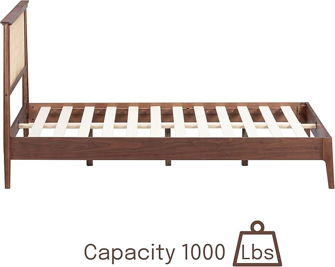 NTC Ruby Wooden Bed Frame with Headboard and Natural Rattan, Solid Oak/Rubber Wood Foundation with Silent Slats, 1000 Lb Capacity, Effortless Assembly (Natural Cane - Dark Walnut, Queen)