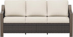 75" Patio Metal Wicker Sofa, 3-seat Deep Seat & Upholstered Couch, Outdoor All-Weather Rattan Loveseat with Washable Cushions, Steel Frame, Garden (Beige and Brown Stripe)