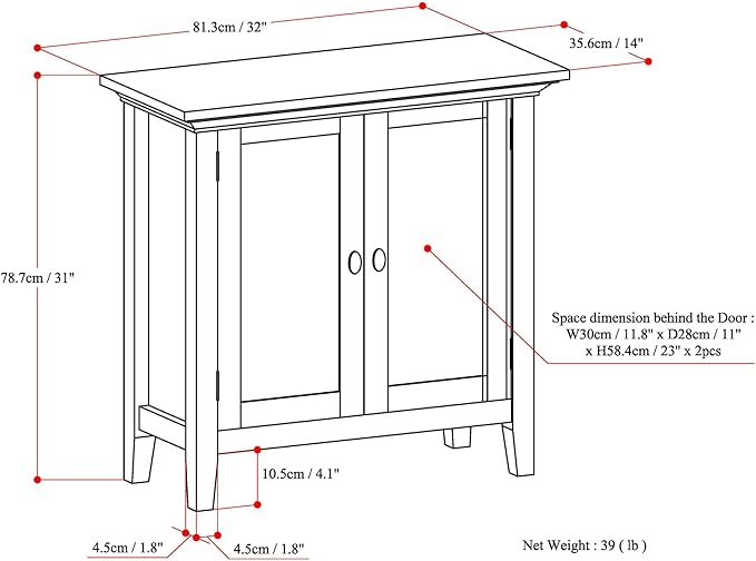 SIMPLIHOME Redmond SOLID WOOD 32 inch Wide Transitional Low Storage Cabinet in Hickory Brown for the Living Room, Entryway and Family Room
