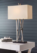 Possini Euro Design Modern Table Lamp 30" Tall Brushed Nickel Silver Open Asymmetry Metal White Linen Rectangular Box Shade for Bedroom Living Room House Home Bedside Nightstand Office Kids Family
